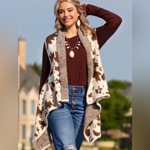 Cow Print Sweater Vest One Size Soft Sleeveless High Low Western Cowgirl Farm